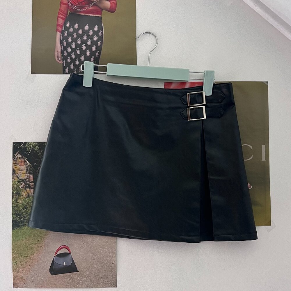 Vegan Leather High Slit Mini Skirt Buckle y2K Bratz goth